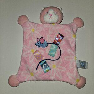 Taggies Mary Meyer Pink Kitty Cat Lovey 10.5" White Yellow Flowers Blue Mouse